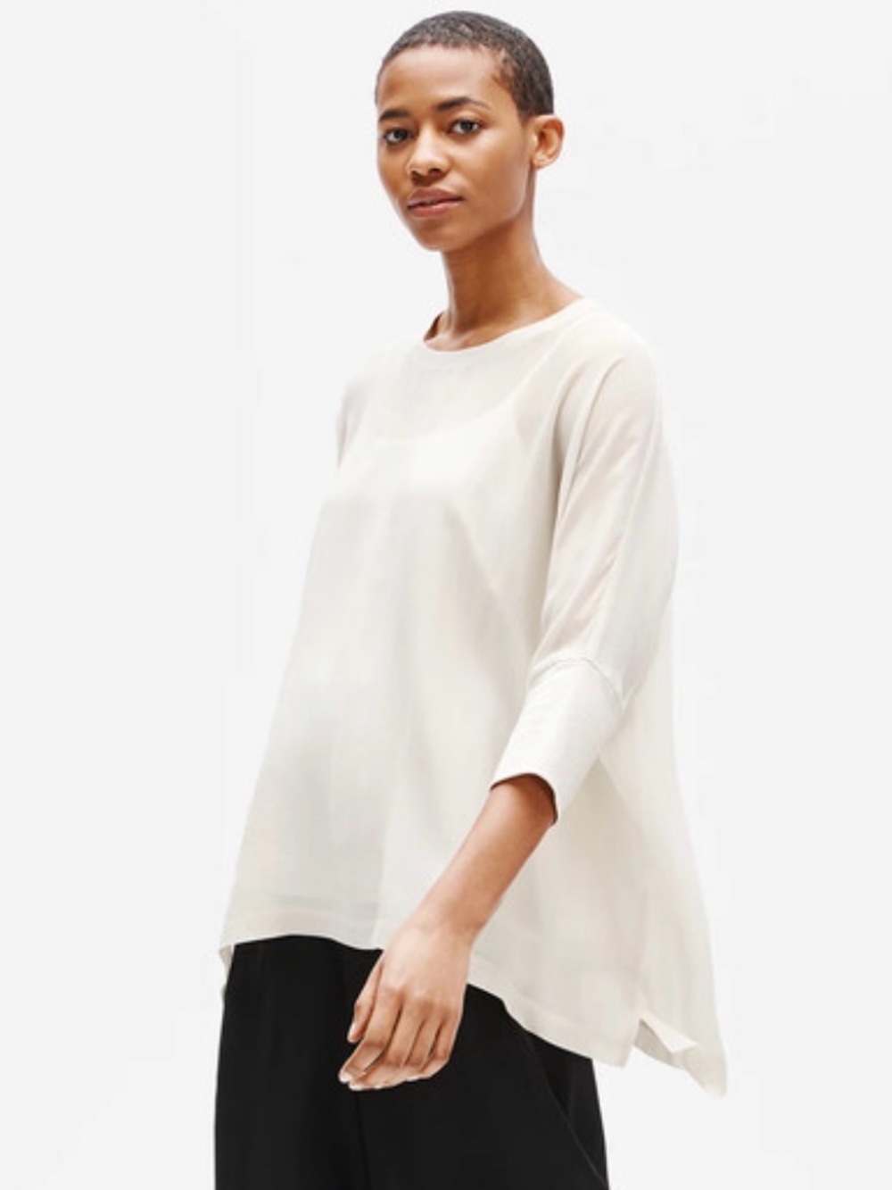 Eileen Fisher Sheer Silk Georgette Elbow-Sleeve Top